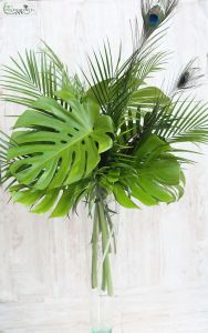 Botanical asztaldísz vázában pálmalevelekkel, monstera levelekkel, pávatollakkal (zöld)