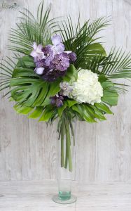 Botanical Centerpiece in vase (hortensia, vanda orchid, palm leafs, white, lilac)