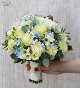 Bridal bouquet (rose, freesia, baby breath, oxypetalum, eucalyptus, white, blue)