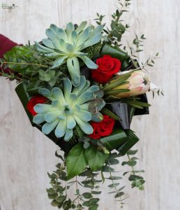 Menyasszonyi csokor (rózsa, protea, kövirózsa, vörös, rózsaszín)