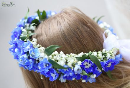 Hair wreath with blue delphiniums, baby's breath