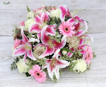 Flower cushion with pink lilies, gerberas, roses, carnations (29 stems)