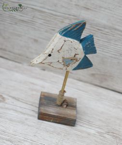 blue-white fish on wooden base (21.5cm) (blue, white)