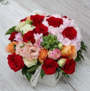 Herbstblumenwürfel mit Rosen, Hortensien und Echeveria (28 Stiele)