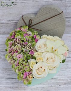 romantic heart box with I Love You wooden sign and roses 