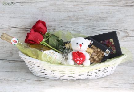 Gift basket with flowers, Tokaji wine, special chocolates, teddy bear