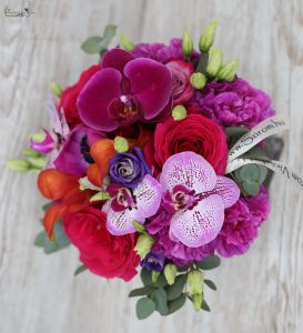 menyasszonyi csokor (phalaenopsis orchidea, kála, szegfű, rózsa, színes, tarka, lila)