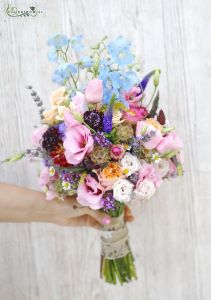 bridal bouquet (delphinium, lisianthus, garden flowers, wlid flowers, blue, pink)