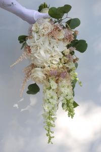 drop shape bridal bouquet (rose, delphinium, hydrangea, creme, white)