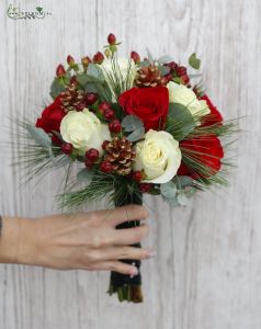 bridal bouquet (rose, cone, Hypericum,  St. John's wort, berries, white, red)