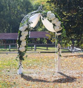 wedding gate flower arrangement with hydrangeas and roses (white) - this was the gate of the restaurant