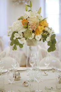 High wedding centerpiece, Festetics Palota Budapest (gladiolus, lily, wild flowrers, peach, white)