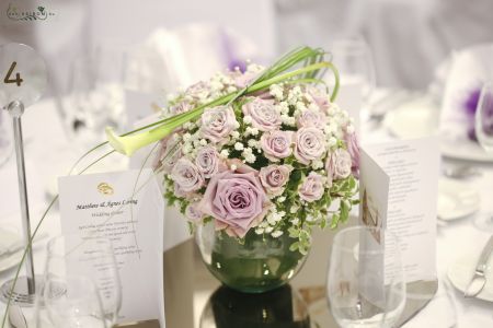 Centerpiece in glass sphere, Hilton Budapest  (spray roses, babybreath, cala, purple, white)