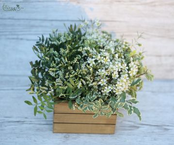Wedding table decoration in wooden cubes (wild flowers, cream, green)