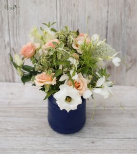 Wedding table decoration in a jar (spray rose, lisianthus, wild flowers, peach, white, blue)