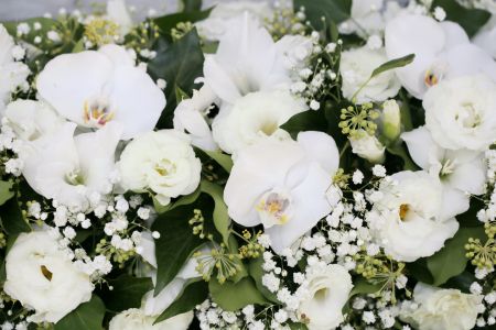 Main table centerpiece  Gundel (phalaenopsis orchid, lisianthus, babybreath, white)