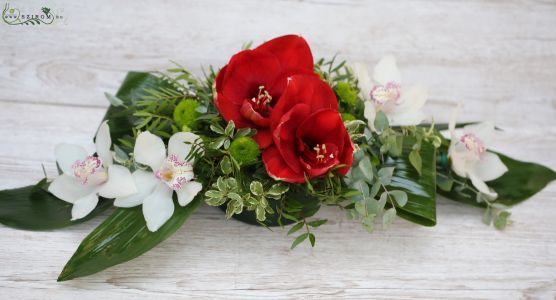 Main table centerpiece (amarilis, cymbidium orchid, red, white)