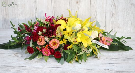 Main table centerpiece (asian lily, spray rose, gloriosa, burgundy, yellow)