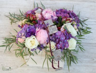 Big wooden box with romantic summer flowers, peonyes, hydrangeas (20 stems)