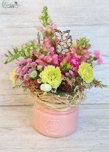 Pot with bee, meadow flowers and butterflies (21 stems)