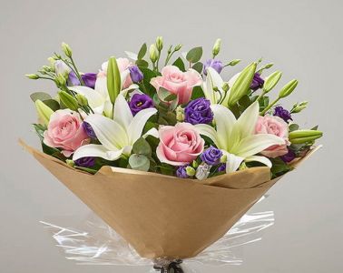 Round bouquet with lisianthus, roses, lilies (12 stems)
