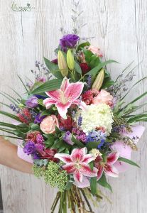 Tall bouquet with seasonal flowers, lilies