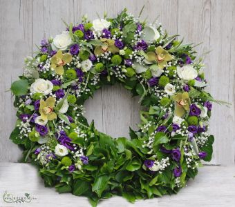Purple green ivy wreath decorated in a crescent shape (34 stems)