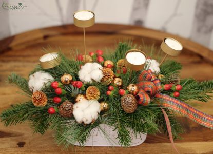 winter cottonflower and candle arrangement