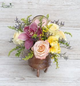 Orchid, Rose, Small Flowers Composition in Metal Bowl (11 strands)