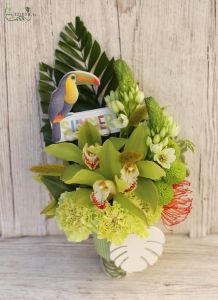 Summer flower cup with tucan and orchids