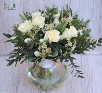 white roses, tulips, in a glass ball (24 stems)