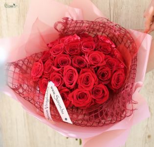 25 red roses with net wrapping