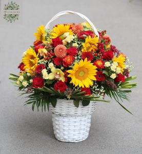 140 stiele Blumenkorb im leuchtende Töne, mit Sonnenblumen