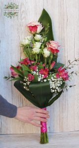 Pink tall bouquet with roses, alstromerias (11 stems)