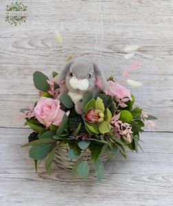 Bunny in basket with roses, orchids