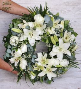 Wreath with white lilies, roses (57cm)