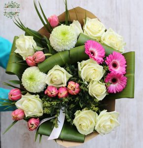 Structured bouquet with white roses, pink tulips (24 stems)