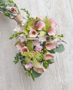 falling bridal bouquet (cymbidium orchid, calla lily, freesia, pink, green)