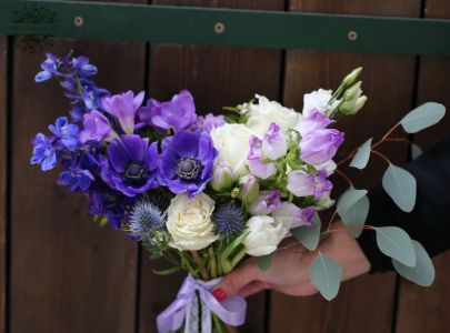 Crescent bridal bouquet ( purple, white, anemone, rose, freesia, delphinium, tulip)