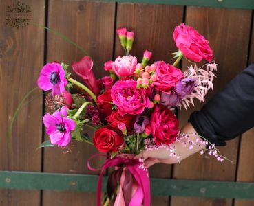 Crescent bridal bouquet (red, dark pink, David Austin rose, anemone, rose, tulip, calla lily, skimmia)