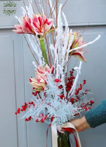 Winterlicher, schneebedeckter Zweigstrauß mit Amaryllis und Beeren