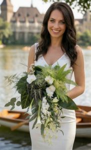 greenery menyasszonyi csokor orchideával, kálával (dendrobium, phalaenopsis) - original product photo with AI background