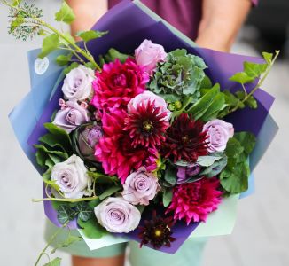 Purple bouquet with roses, dahlias