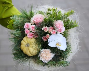 Winter bouquet with roses, orchid