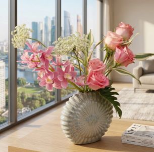 Pink bouquet with mini orchid and rose in vase - original product photo with AI background