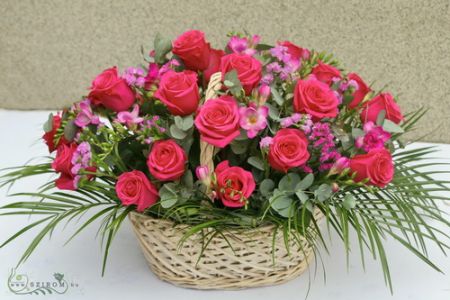 flowerbasket of pink roses and alstromeria with freesias (35 stems, 40cm)