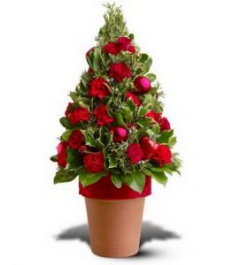 Weihnachtsbaum aus grünen Blättern mit roten Nelken (26cm)