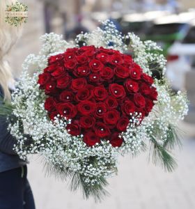 50 red roses bouquet with gypsophylas and silk fir