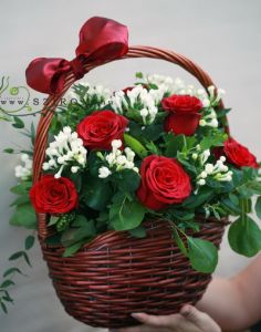 red rose basket with bouvardia (20 stems)