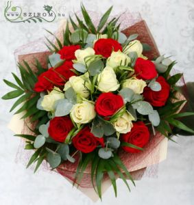 red and white roses with eucalypt (20 stems)